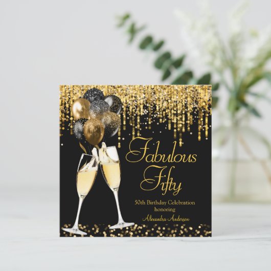 Fabulous 50th day Glitter Gold Champagne SQ Kaart (Staand voorkant)