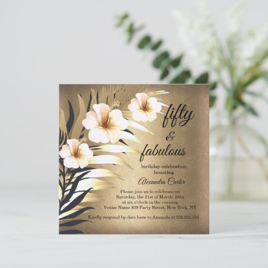 Fabulous 50th gold Brown Beige Black Floral party Kaart (Staand voorkant)