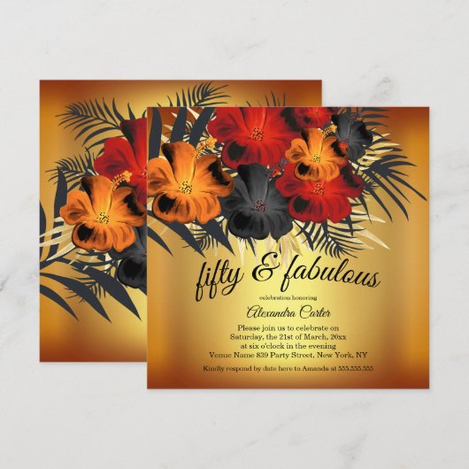 Fabulous 50th Gold Red Oranje Black Hibiscus party Kaart (Voorkant / Achterkant)