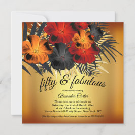 Fabulous 50th Gold Red Oranje Black Hibiscus party Kaart
