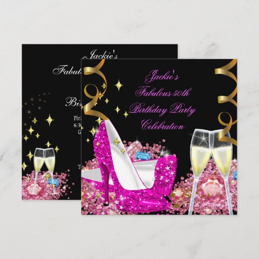 Fabulous 50th Hot Pink Glitter High Hiel Birthday Kaart (Voorkant / Achterkant)