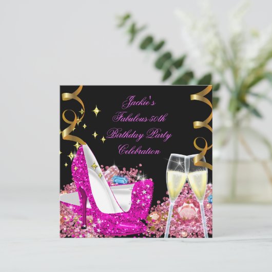 Fabulous 50th Hot Pink Glitter High Hiel Birthday Kaart (Staand voorkant)