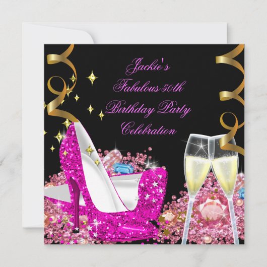 Fabulous 50th Hot Pink Glitter High Hiel Birthday Kaart (Voorkant)