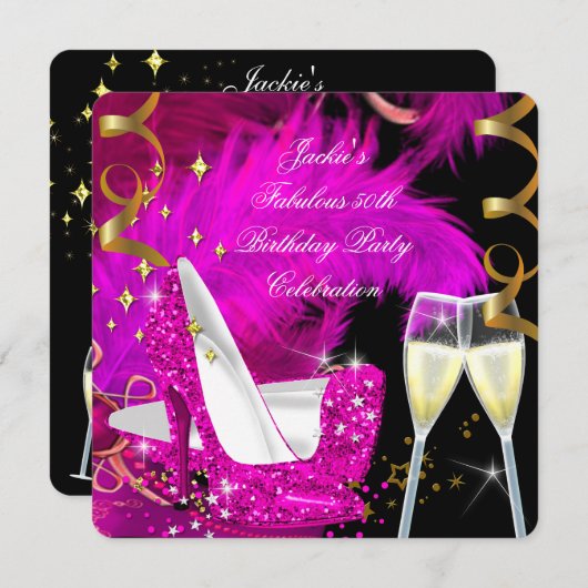 Fabulous 50th Hot Pink Glitter High Hiel Birthday Kaart (Voorkant / Achterkant)