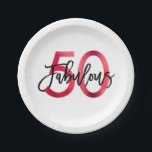 Fabulous 50th | Modern Elegant Chic Red Birthday Papieren Bordje<br><div class="desc">Viel uw geweldige chic 50th Birthday feest met deze moderne,  elegante cocktailparty borden met penseel handschrift en metallisch rood/zwart design. Deel van het "Fabulous 50th" collectie.</div>
