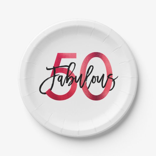 Fabulous 50th | Modern Elegant Chic Red Birthday Papieren Bordje (Voorkant)