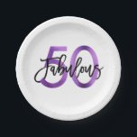 Fabulous 50th | Modern Elegant Paarse Birthday Papieren Bordje<br><div class="desc">Viel uw geweldige chic 50th Birthday feest met deze moderne,  elegante cocktailparty borden met penseelhandschrift en metallisch paars/zwart design. Deel van het "Fabulous 50th" collectie.</div>