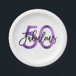 Fabulous 50th | Modern Elegant Paarse Birthday Papieren Bordje<br><div class="desc">Viel uw geweldige chic 50th Birthday feest met deze moderne,  elegante cocktailparty borden met penseelhandschrift en metallisch paars/zwart design. Deel van het "Fabulous 50th" collectie.</div>