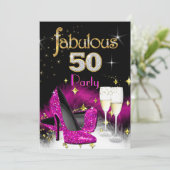 Fabulous 50th Party Glitter Hot Pink Champagne 2 Kaart (Staand voorkant)