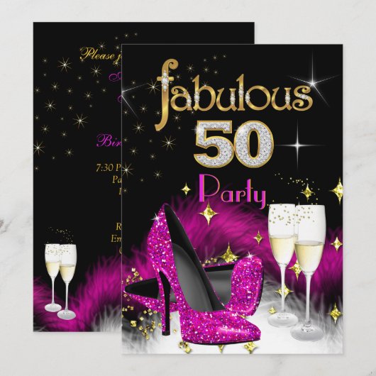 Fabulous 50th Party Glitter Hot Pink Champagne 2 Kaart (Voorkant / Achterkant)