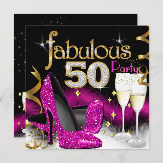 Fabulous 50th Party Glitter Hot Pink Champagne Kaart (Voorkant / Achterkant)