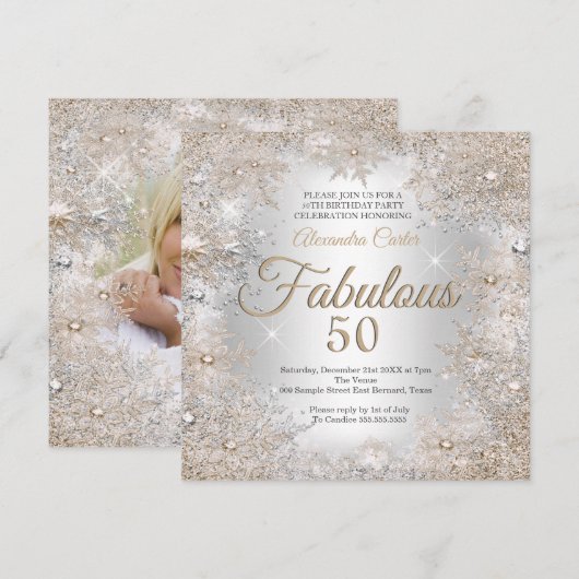 Fabulous 50th Party Photo Silver Beige Snowflakes Kaart (Voorkant / Achterkant)