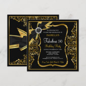 Fabulous 50th Pearl Gold Lace Bow Black Invite Kaart (Voorkant / Achterkant)
