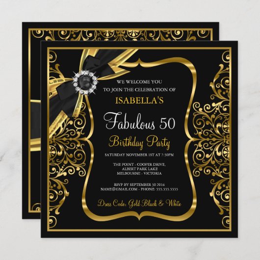 Fabulous 50th Pearl Gold Lace Bow Black Invite Kaart (Voorkant / Achterkant)