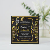 Fabulous 50th Pearl Gold Lace Bow Black Invite Kaart (Staand voorkant)
