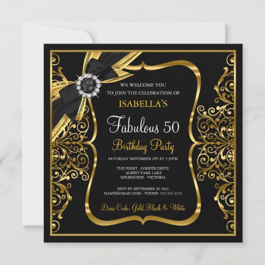 Fabulous 50th Pearl Gold Lace Bow Black Invite Kaart (Voorkant)