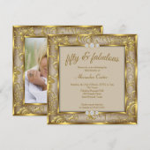 Fabulous 50th Photo Beige Brown Damask Gold Party Kaart (Voorkant / Achterkant)