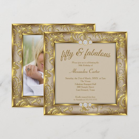 Fabulous 50th Photo Beige Brown Damask Gold Party Kaart (Voorkant / Achterkant)