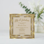 Fabulous 50th Photo Beige Brown Damask Gold Party Kaart (Staand voorkant)