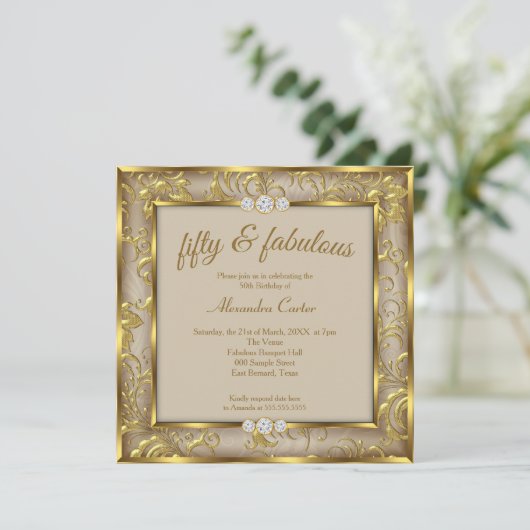 Fabulous 50th Photo Beige Brown Damask Gold Party Kaart (Staand voorkant)