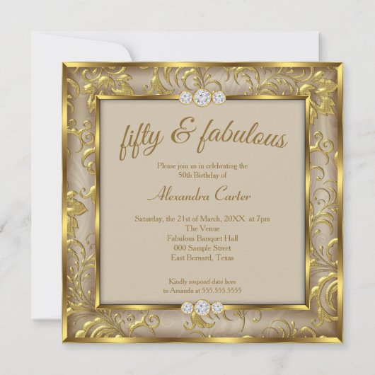 Fabulous 50th Photo Beige Brown Damask Gold Party Kaart (Voorkant)