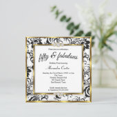 Fabulous 50th Photo Black White Gold Damask Party Kaart (Staand voorkant)