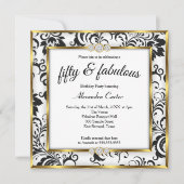 Fabulous 50th Photo Black White Gold Damask Party Kaart (Voorkant)