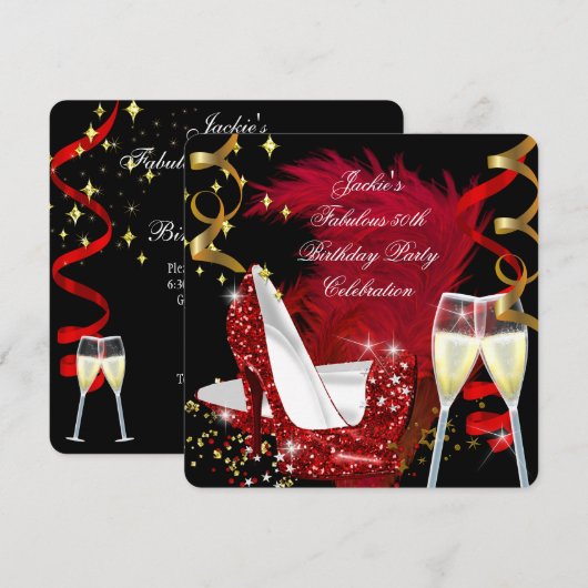 Fabulous 50th Red Glitter High Hiel Party Kaart (Voorkant / Achterkant)
