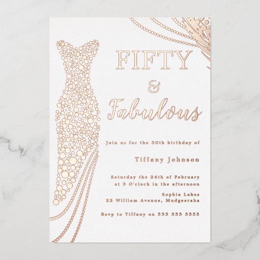 Fabulous 50th Roos Gold Foil Jurk 50th Verjaardag Folie Uitnodiging (Voorkant)