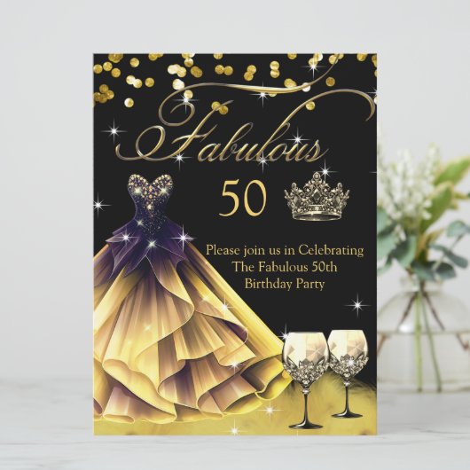 Fabulous 50th Verjaardag Zwart Goud Jurk kroon Kaart (Staand voorkant)
