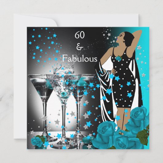 Fabulous 60 60th Birthday Blauwgroen Rozen Martini Kaart (Voorkant)