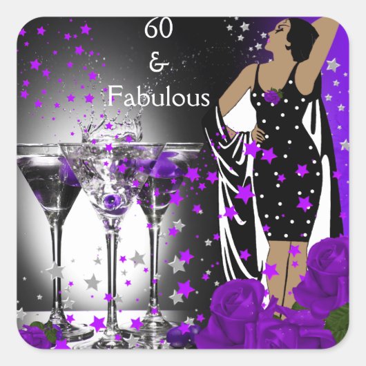 Fabulous 60 60th Birthday Paarse Rozen Martini Vierkante Sticker (Voorkant)