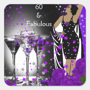 Fabulous 60 60th Birthday Paarse Rozen Martini Vierkante Sticker