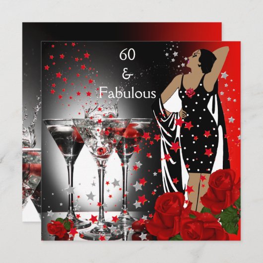 Fabulous 60 60th Birthday Party Red Roses Martini Kaart (Voorkant / Achterkant)