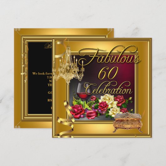 Fabulous 60 Celebration 60th Gold Red Roses Wine Kaart (Voorkant / Achterkant)