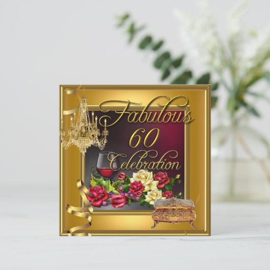 Fabulous 60 Celebration 60th Gold Red Roses Wine Kaart (Staand voorkant)