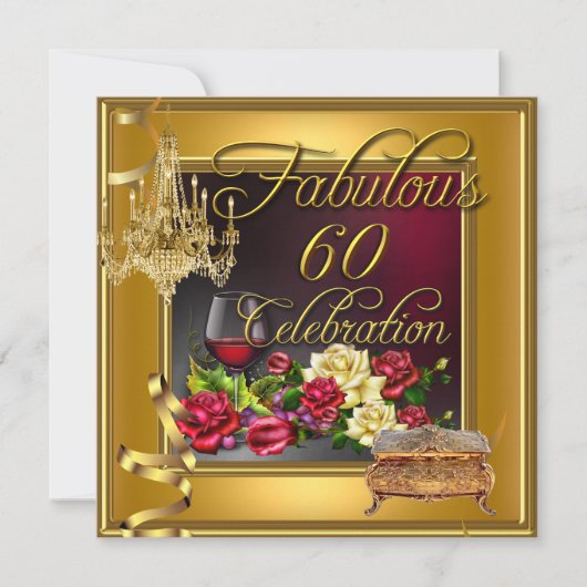 Fabulous 60 Celebration 60th Gold Red Roses Wine Kaart (Voorkant)