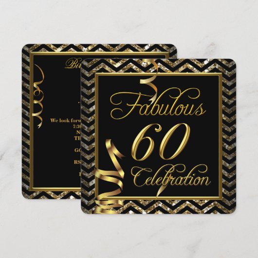Fabulous 60 Chevron Gold Black Birthday Party Kaart (Voorkant / Achterkant)