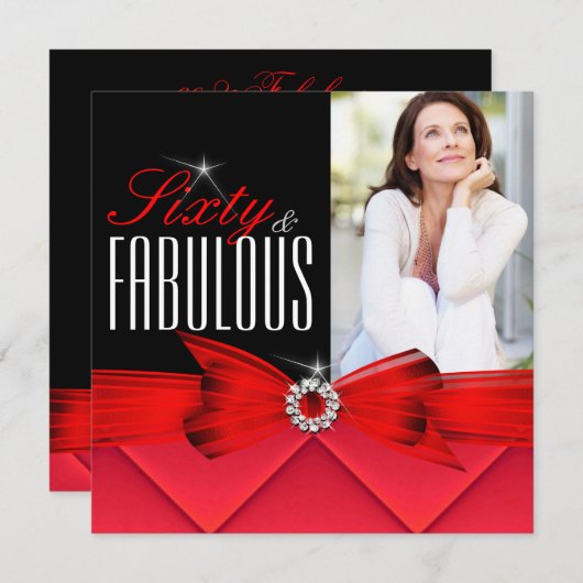 Fabulous 60 Foto Red Black Elegant Birthday Kaart (Voorkant / Achterkant)