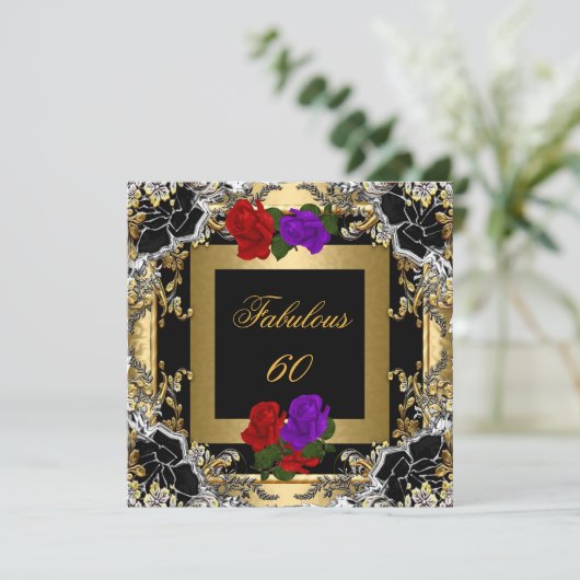 Fabulous 60 Paarse Red Rose Gold Black Silver Kaart (Staand voorkant)