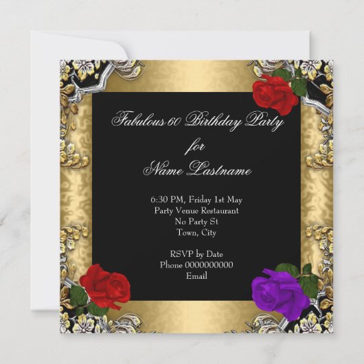 Fabulous 60 Paarse Red Rose Gold Black Silver Kaart (Achterkant)