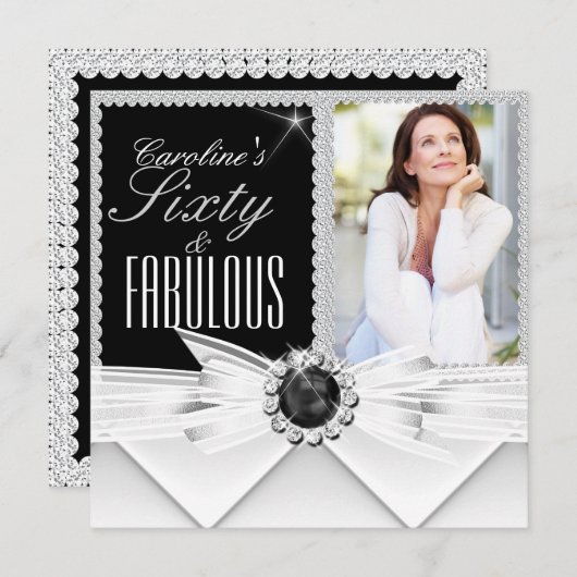 Fabulous 60 Photo Elegant Black White Birthday 3 Kaart (Voorkant / Achterkant)