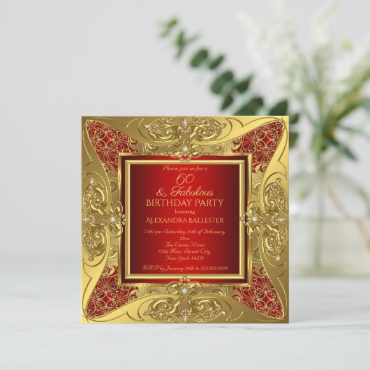 Fabulous 60 Red Gold Birthday Party Diamond Kaart (Staand voorkant)