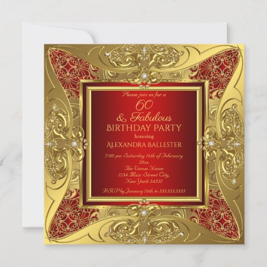 Fabulous 60 Red Gold Birthday Party Diamond Kaart (Voorkant)