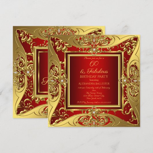 Fabulous 60 Red Gold Floral Birthday Party Kaart (Voorkant / Achterkant)