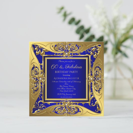Fabulous 60 Royal Blue Gold Floral Birthday Party Kaart (Staand voorkant)