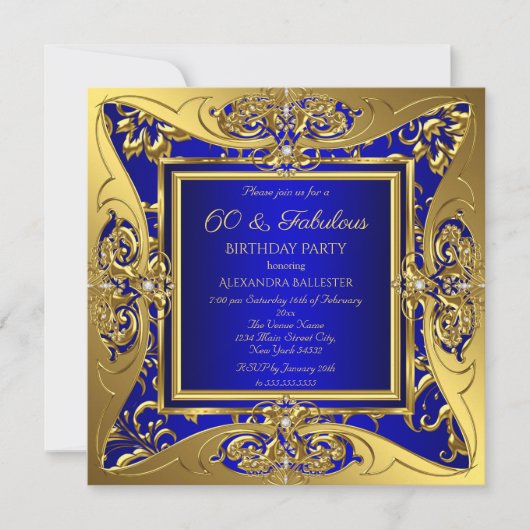Fabulous 60 Royal Blue Gold Floral Birthday Party Kaart (Voorkant)