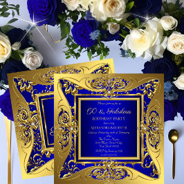 Fabulous 60 Royal Blue Gold Floral Birthday Party Kaart