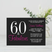 Fabulous 60th Black Pink Birthday Party Invitation Kaart (Staand voorkant)