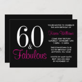 Fabulous 60th Black Pink Birthday Party Invitation Kaart (Voorkant / Achterkant)